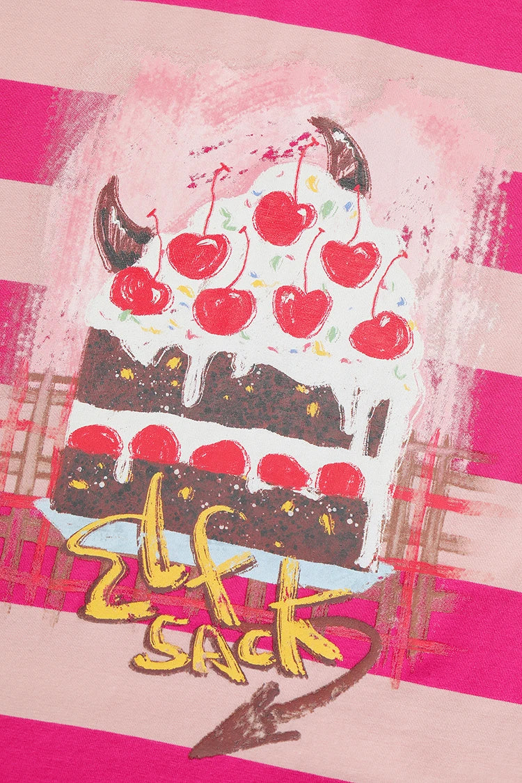 Women's Striped Cake Graphic Oversized T-Shirt, Cute Cherry Print Casual Tee, Y2K Aesthetic Short Sleeve Summer Top