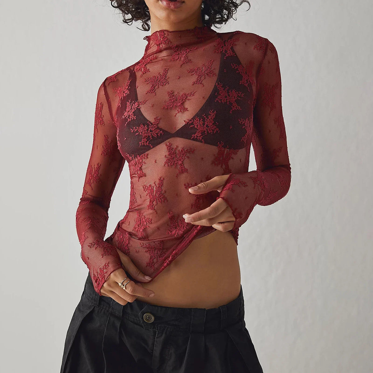 Women's Lace Layering Top Long Sleeve Sheer Mesh Mock Neck Undershirt Y2K Lace Floral Tops See Through Shirt Blouse
