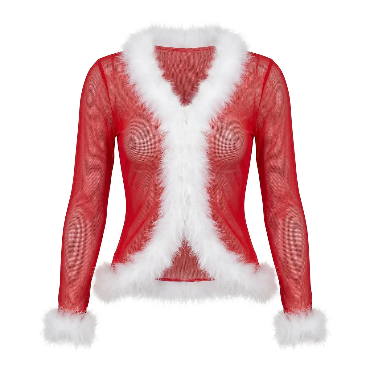 Women Y2K Faux Fur Trim Mesh Cardigan Long Sleeve V Neck Open Front Cropped Sheer Jacket Club Party Outerwear Tops