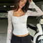 Lace Long Sleeve Crop Tops for Woman Sexy Shirts Blouses White Black Spring 2026