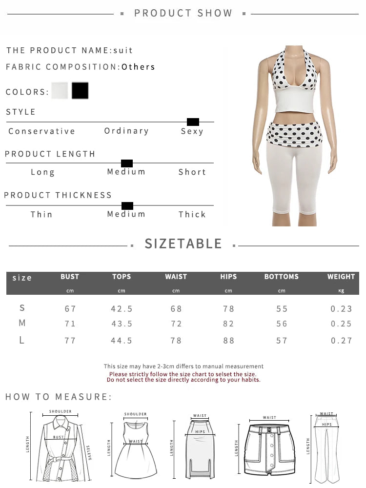 Trend Hottie 2 Piece Set Women Polka Dot Print Patchwork Halter Backless Vest+Ruched Capri Pants Fashion Streetwear