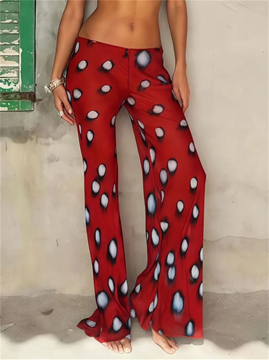 Autumn High Street Print Pants Women Casuals Simple Elastic Waist Fashion Midnight Clubwear Daily Chic Wide-Leg Bottoms