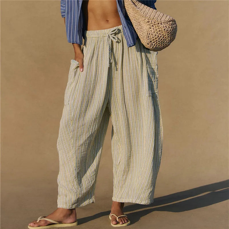 Women Boho Striped Baggy Loose Fit Palazzo Harem Pants Y2k Wide Leg Casual Going Out Beach Vacation Trousers