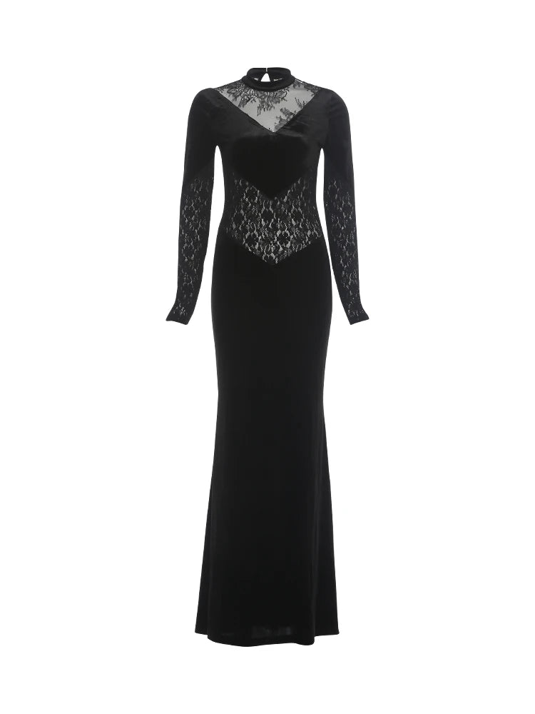 Lace Patchwork Long Dress Woman Autumn Trend o-Neck Full Sleeve High Waist Robe Midnight Prom Party Elegant Vestidos