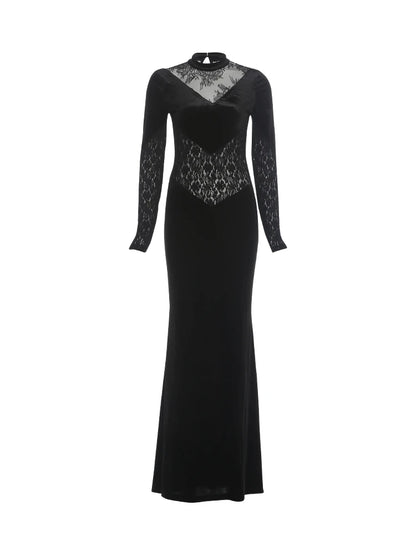 Lace Patchwork Long Dress Woman Autumn Trend o-Neck Full Sleeve High Waist Robe Midnight Prom Party Elegant Vestidos