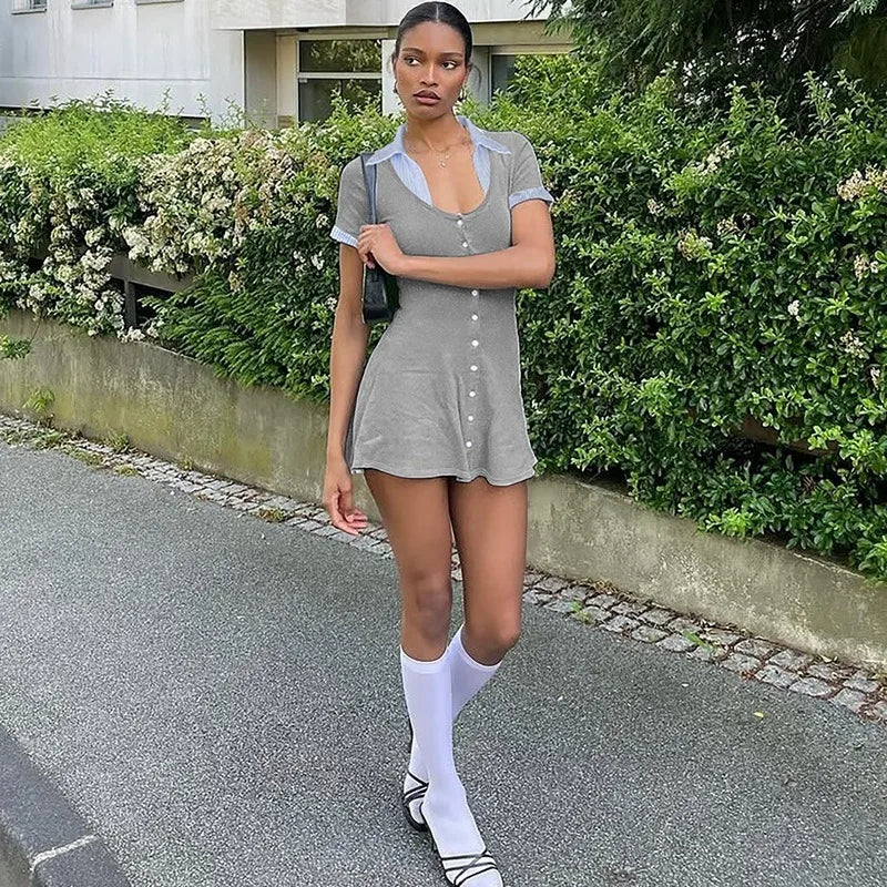 Fashion Patchwork Button Up Short Sleeve Shirt Dress Woman Clothes Office Casual White Black Grey Mini Dress