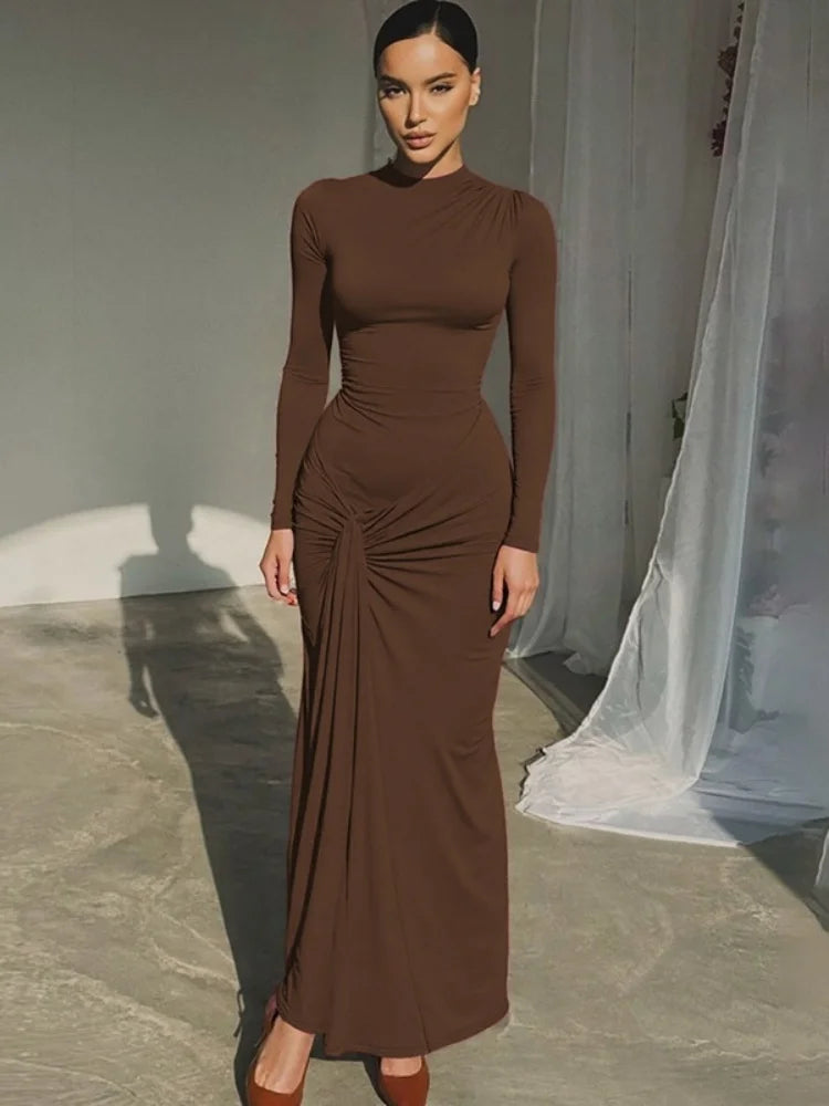 Long Sleeve Ruched Maxi Dress Solid Color Elegant Dresses for Woman Party Outfits Autumn 2025