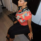 Floral Print Lace-Up Hollow Stand Collar Short Sleeve T-Shirts+Skinny Wrap Hip Crop Pants Woman Sexy Fashion Suits