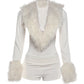 Fashion 2 Piece Set Women Sexy Furs Patchwork Deep V-Neck Full Sleeve Bodysuit+Bike Shorts Elegant Party Streetwear