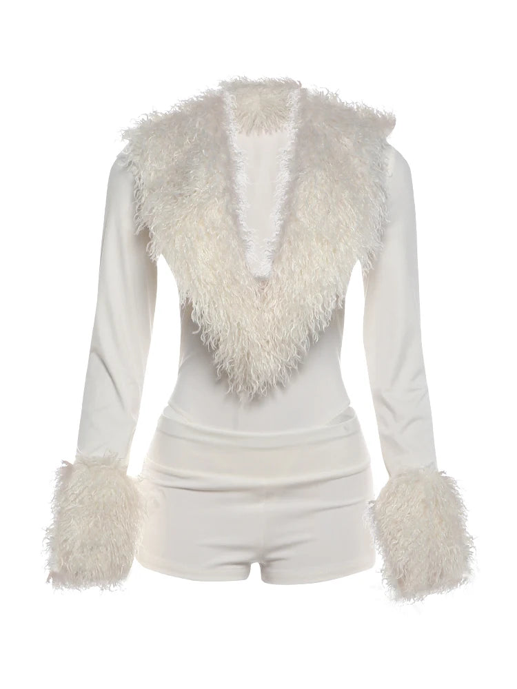 Fashion 2 Piece Set Women Sexy Furs Patchwork Deep V-Neck Full Sleeve Bodysuit+Bike Shorts Elegant Party Streetwear