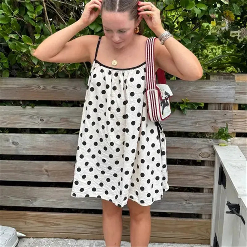 Women's Mini Cami Dress Stylish Sleeveless Spaghetti Strap Dress White with Black Circles Print Summer Beach Sun Dress