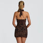 Leopard Mini Dress Sexy Club Outfits Deep V Halter Neck Draped Backless Bodycon Dresses Woman Clothing