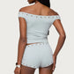 Women Summer Y2K 2 Piece Outfits Stylish Studded Sleeveless Off Shoulder Tops and Elastic Waist Shorts Chic Streetwear