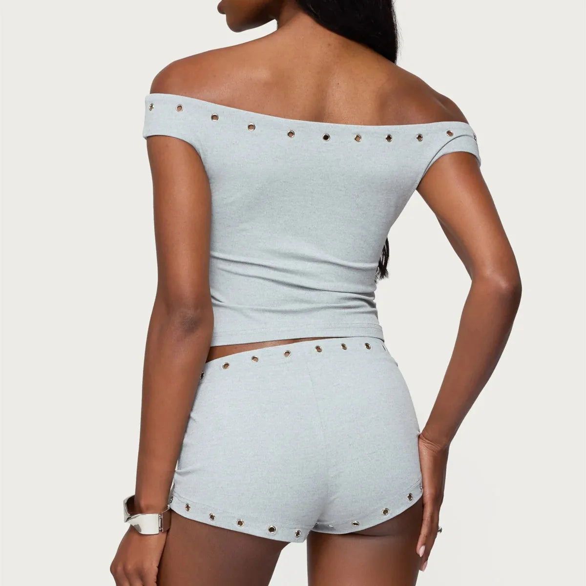 Women Summer Y2K 2 Piece Outfits Stylish Studded Sleeveless Off Shoulder Tops and Elastic Waist Shorts Chic Streetwear
