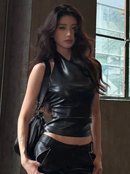 Faux Leather Vest Women Halter Backless Folds Solid Classic Sexy Midnight Music Festival Hip-Hop Style Streetwear