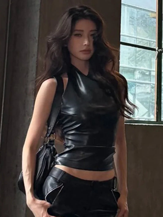 Faux Leather Vest Women Halter Backless Folds Solid Classic Sexy Midnight Music Festival Hip-Hop Style Streetwear