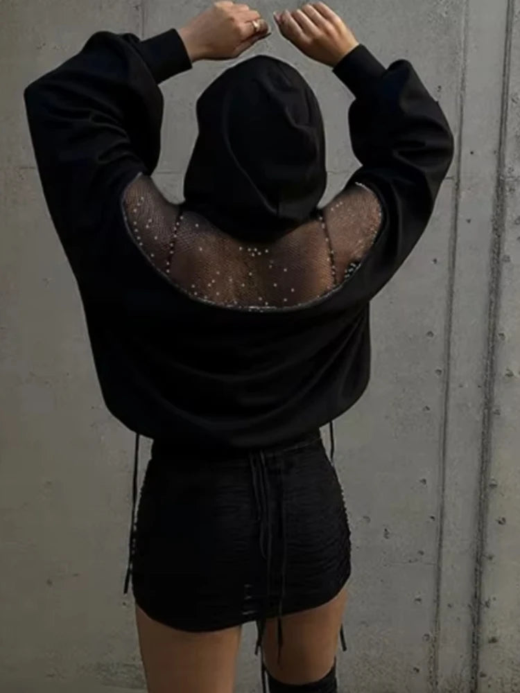 Backless Hooded Pullover Woman Zip Mesh Patchwork Design Full Sleeve High Street Casual Fashion Simple Style Classic Tops