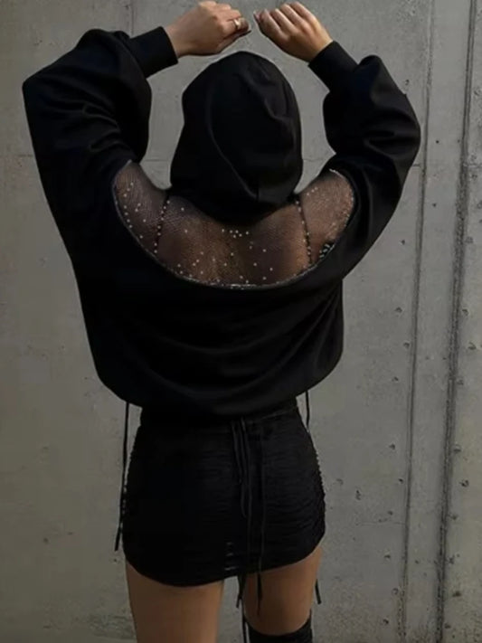 Backless Hooded Pullover Woman Zip Mesh Patchwork Design Full Sleeve High Street Casual Fashion Simple Style Classic Tops