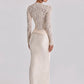 Off Shoulder Lace Satin Maxi Dress Women Elegant Long Sleeve Ruched Bodycon Mermaid Evening Club Party Formal Dress
