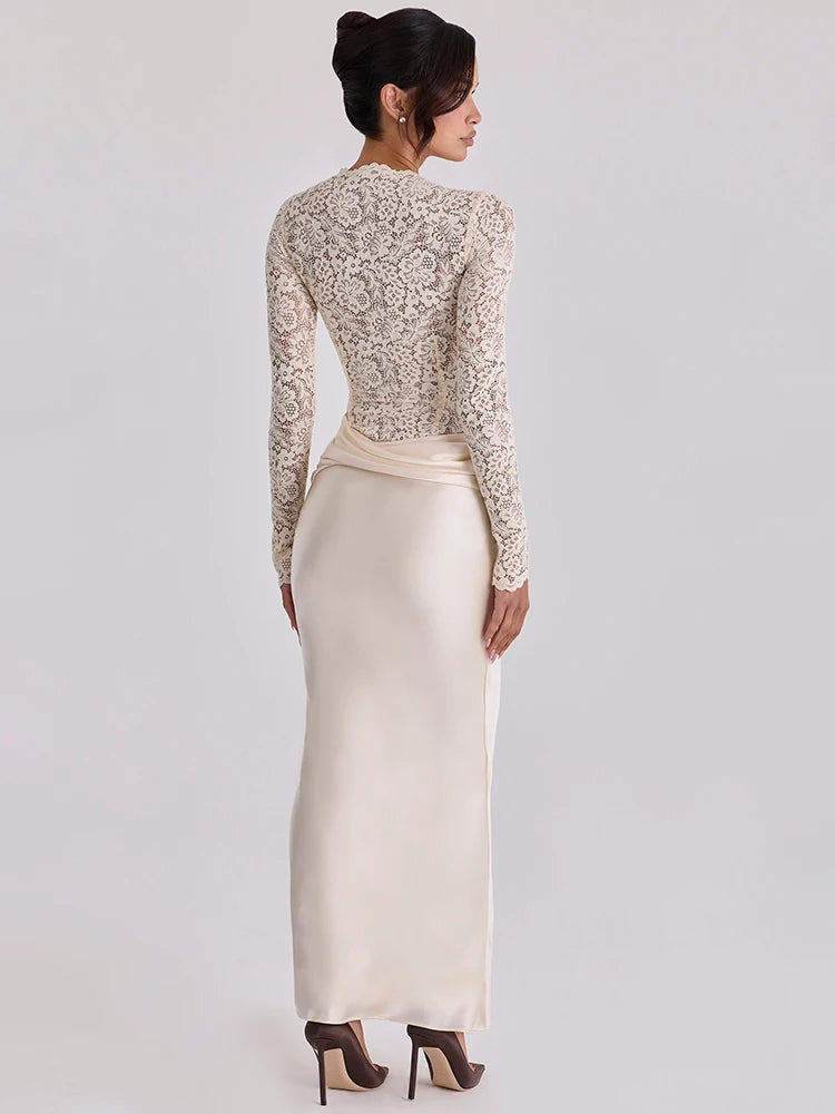 Off Shoulder Lace Satin Maxi Dress Women Elegant Long Sleeve Ruched Bodycon Mermaid Evening Club Party Formal Dress