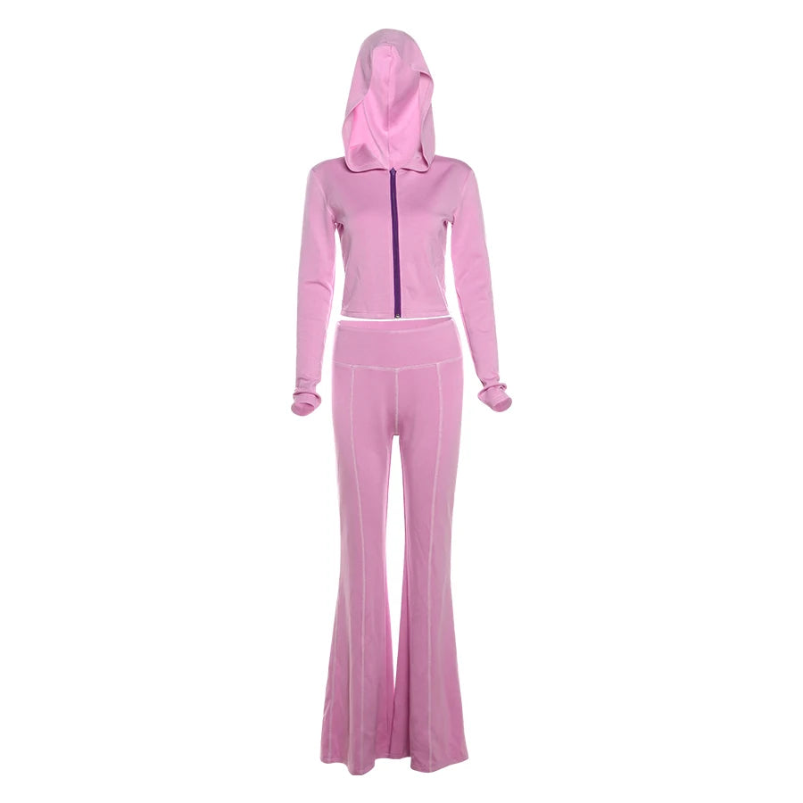 Casual Women Tracksuit 2piece Set Simple Zip Hooded Sweatshirt+Flare Sweatpants Sporty Activity Stretch Matching Suit