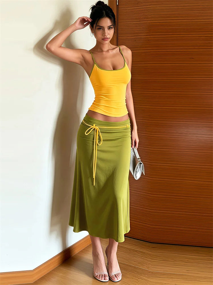 Casual Fashion 2 Piece Set Woman Low-Neck Backless Skinny Camisoles Tops+Bandage Tassel Decoration Long Skirts Suits