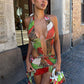 Peach Butt Colorful Print Dress Women Tassel Ruffles Halter Bandage v-Neck Backless Patchwork Mesh Sexy Midnight Bodycon