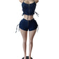 Shirring Decoration Denim 2 Piece Set Women Halter Low-Neck Backless Tops+Skinny Shorts Hottie Street Fashion Suits