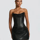 PU Leather Strapless Bodycon Dress Low Cut Fishbone Corset Pleated Mini Dresses Sexy Outfits Women Club Wear