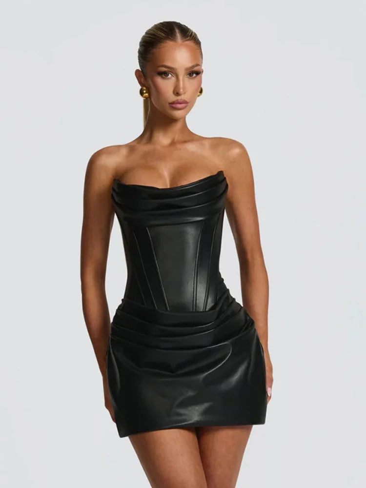 PU Leather Strapless Bodycon Dress Low Cut Fishbone Corset Pleated Mini Dresses Sexy Outfits Women Club Wear