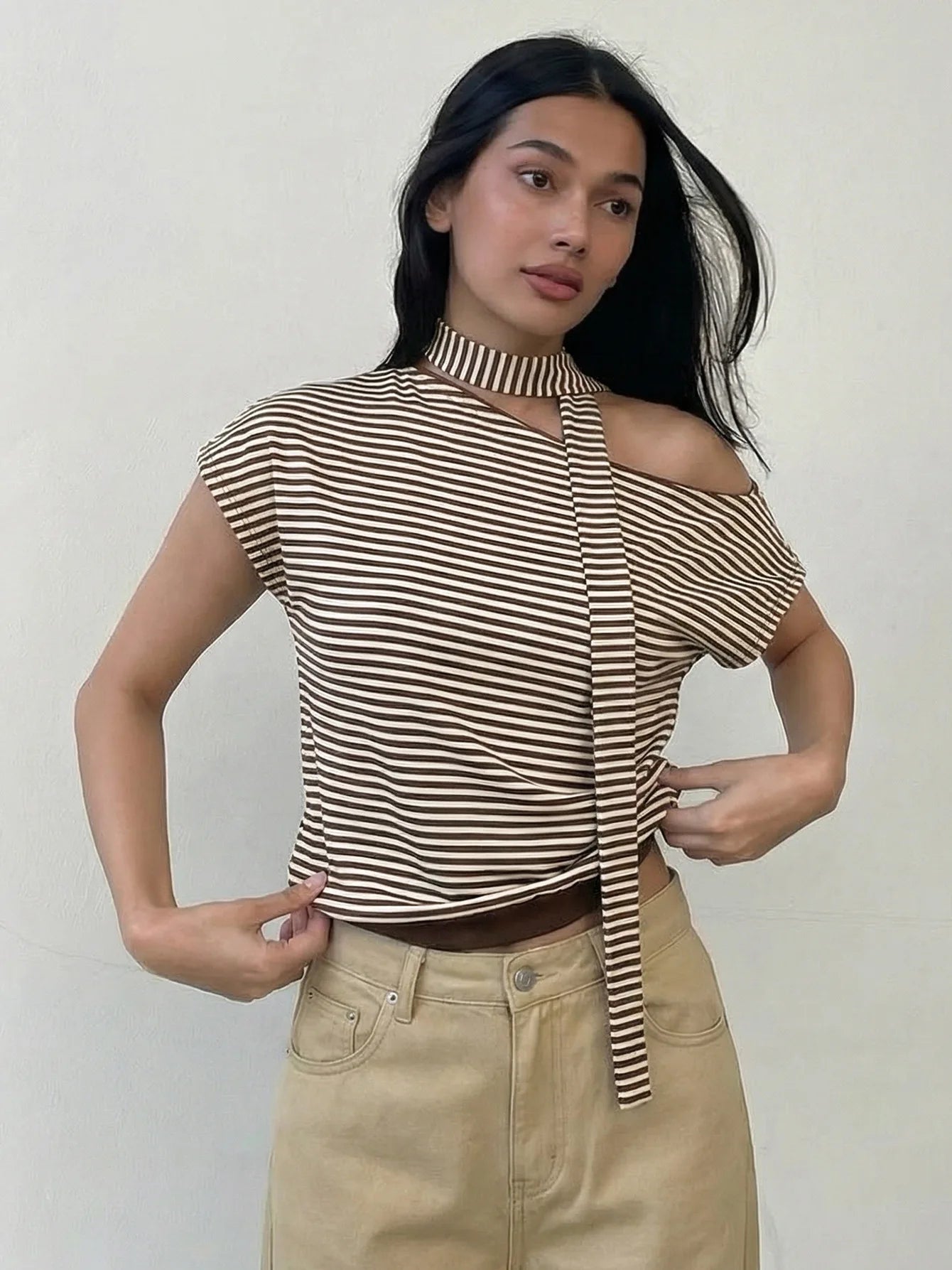 Women T Shirts Brown Striped Asymmetrical One Shoulder Short Sleeve Crop Tops Summer Clothes 2026
