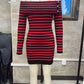Y2K Women Striped Knit Bodycon Dress Off The Shoulder Long Sleeve Button Detail Slim Fit Mini Dress Night Party Clubwear