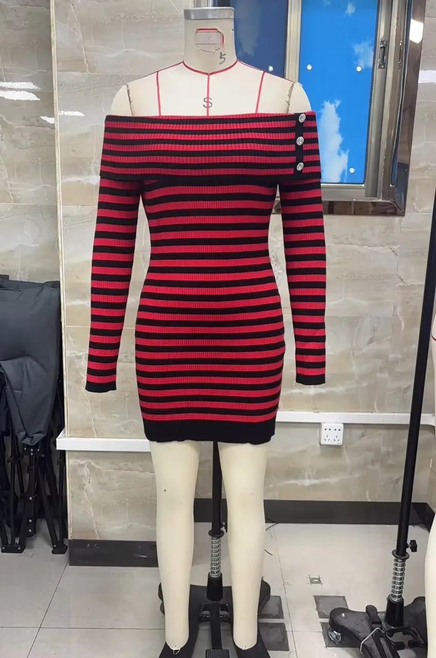 Y2K Women Striped Knit Bodycon Dress Off The Shoulder Long Sleeve Button Detail Slim Fit Mini Dress Night Party Clubwear