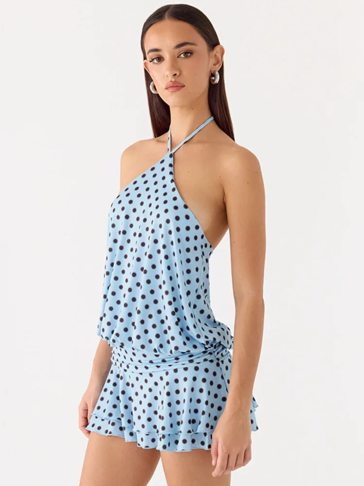 Polka Dot Backless Sexy Mini Dress Women Elegant Blue Halter Off-shoulder Sleeveless Ruched Club Party Dress Female