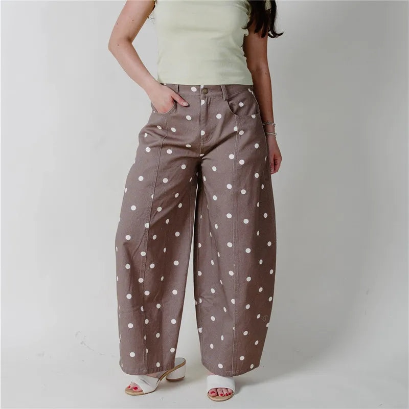 Women High Waist Polka Dot Wide Leg Cropped Pants Seam Detail Loose Straight Leg Ankle Trousers Vintage CasualStreetwear