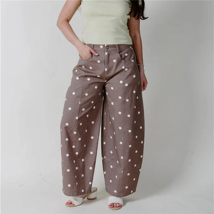 Women High Waist Polka Dot Wide Leg Cropped Pants Seam Detail Loose Straight Leg Ankle Trousers Vintage CasualStreetwear