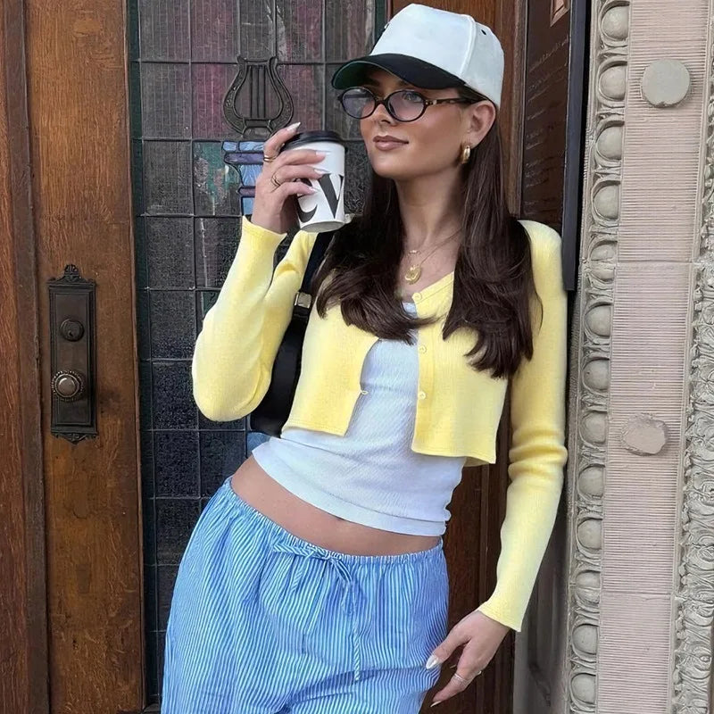 Button Up Cropped Cardigan Woman Fall Clothes 2025 New in Knitwears Long Sleeve Top Sweater Jacket