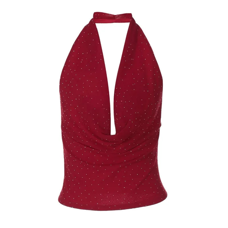 Rhinestone Open Back Crop Tops Sexy Summer Y2k Clothes for Woman Deep V Neck Halter Top Clubwear