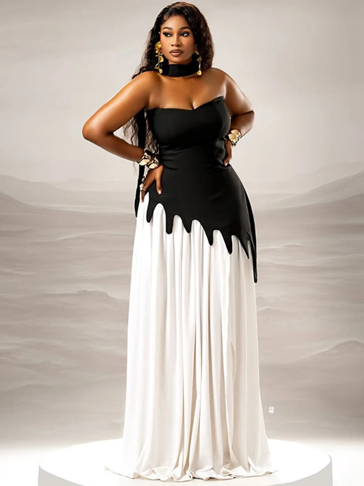 Patchwork Irregular Dress+Scarf Women Summer Elegant Simple Strapless Summer Party Birthday Skinny Slim Maxi Bodycon