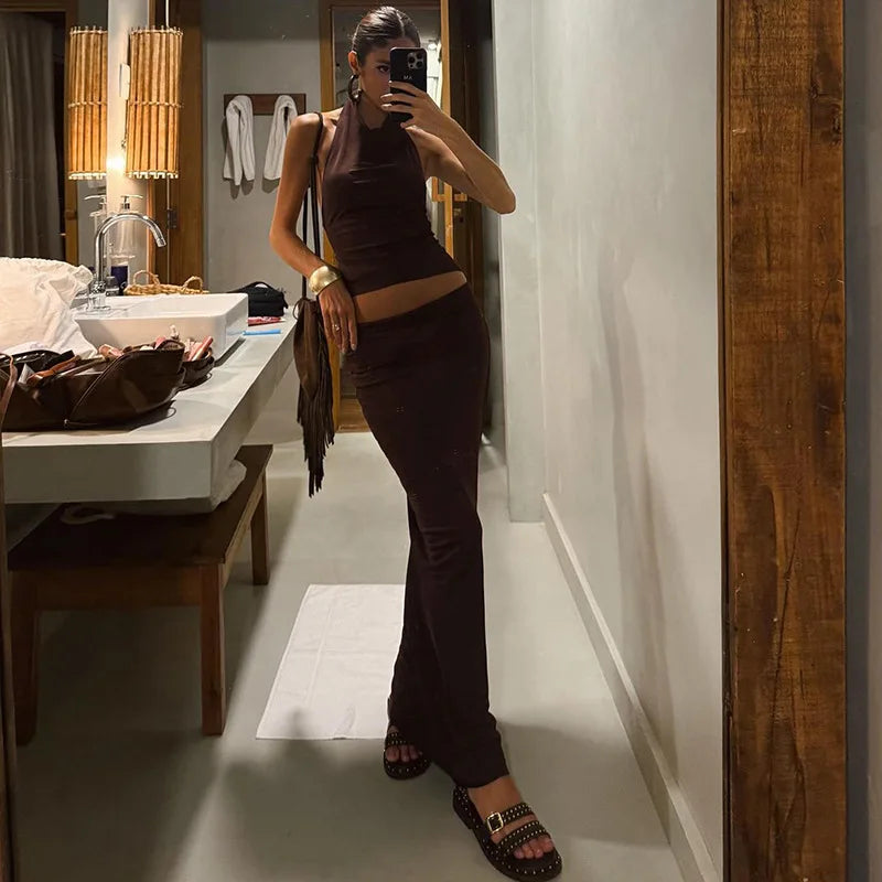Sexy 2 Pieces Set Backless Halter Top and Maxi Skirt Matching Sets Summer Outfit Woman