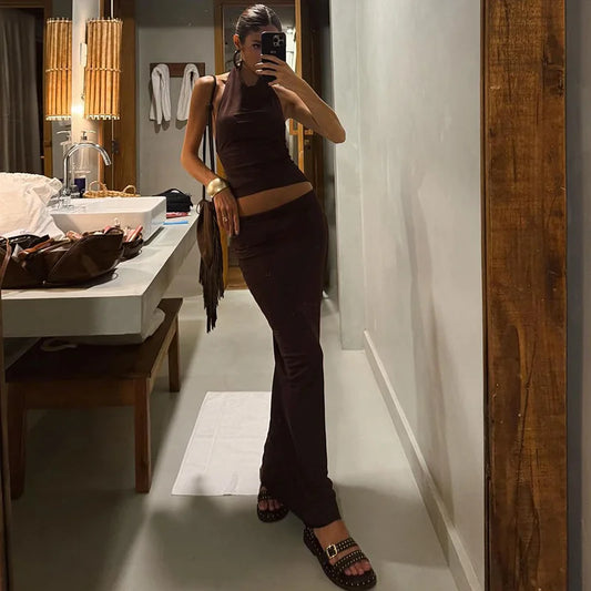 Sexy 2 Pieces Set Backless Halter Top and Maxi Skirt Matching Sets Summer Outfit Woman