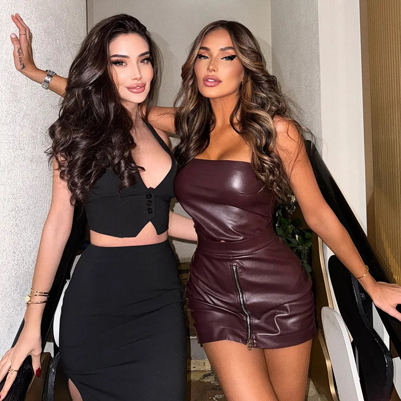 Women's Clothing 2 Pieces Set PU Leather Tube Top and Zipper Split Shorts Skirt Sexy Club Wear Outfits