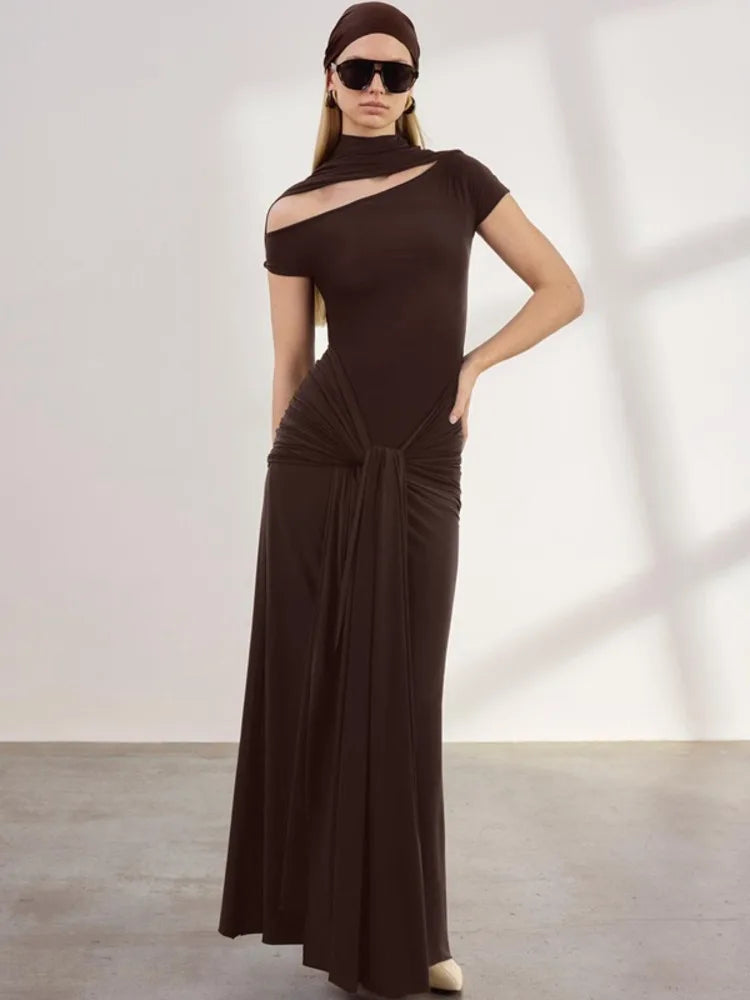 Hollow Out Short Sleeve Sexy Maxi Dress Women Brown Turtleneck Draped Ruched Bodycon Club Party Long Dresses Female