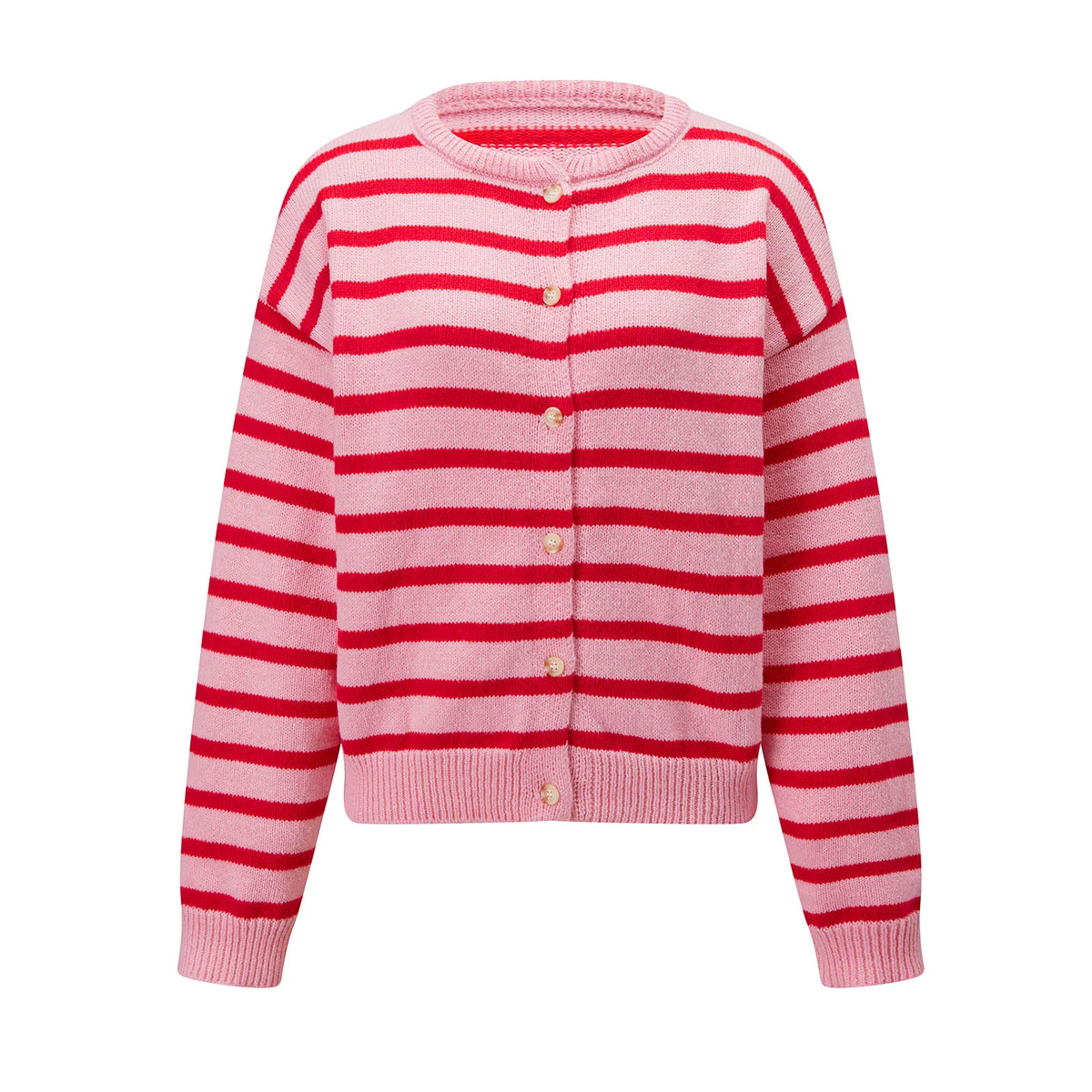 Womens Striped Knit Cardigan Round Neck Button Front Long Sleeve Loose Fit Casual Sweater Winter Fall Knit Outerwear