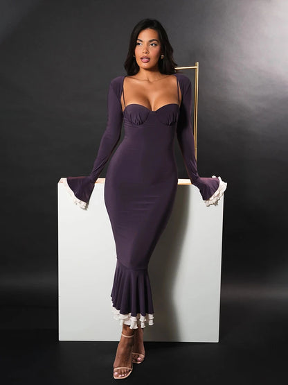 Elegant Long Sleeve Sexy Maxi Dress For Women Gown Fashion Patchwork Square Collar Bodycon Evening Fishtail Dress