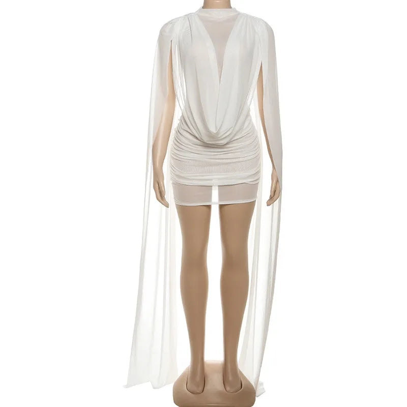 Pleated Mesh Mini Dress with Cape Sleeve See Through White Party Dresses Sexy Club Wear Woman Clothes