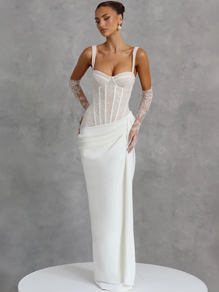 Lace Corset Sexy Maxi Dress Women Elegant Spaghetti Strap Draped Ruched Mermaid Long Wedding Guest Evening Formal Gown