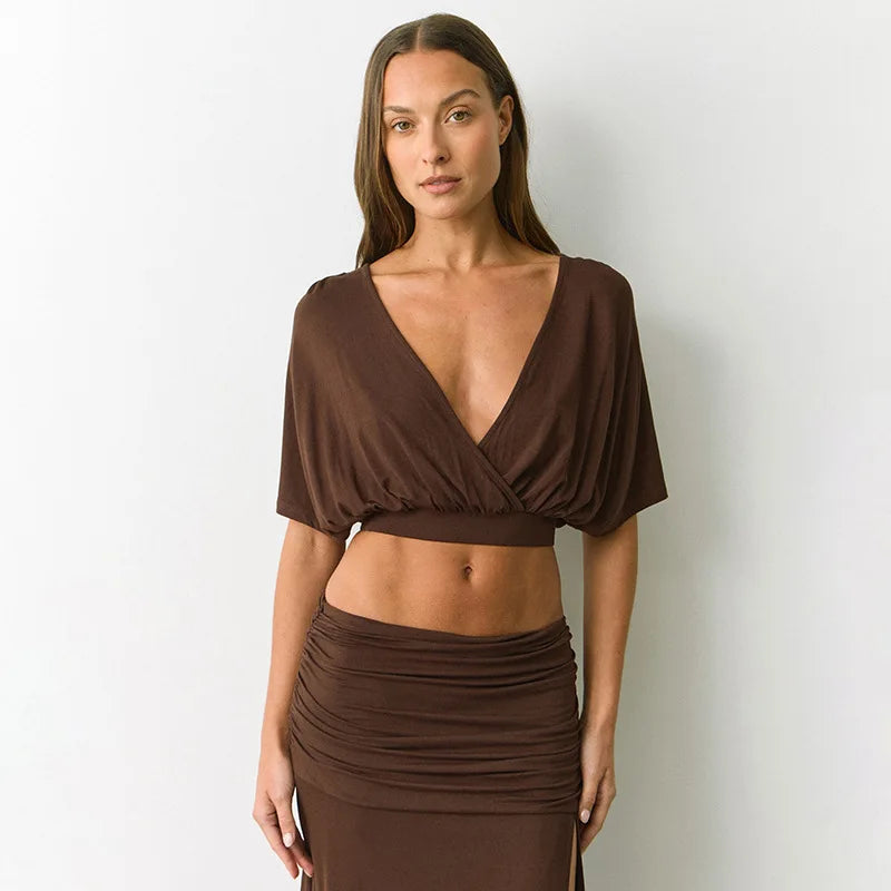 Deep V Neck Cross Front Crop Tops for Woman Clothes Summer 2026 Fashion Women T Shirts Blue