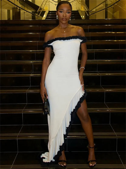 Ruched Elegant Dress Women Patchwork Slash Neck Backless Sleeveless Ruffles Asymmetry Hem Prom Party Long Bodycon