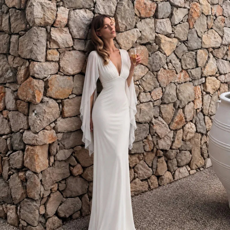 V-neck Floor-length Evening Gown with Mesh Flowing Cape Sleeves White Black Elegant Maxi Dresses Wedding